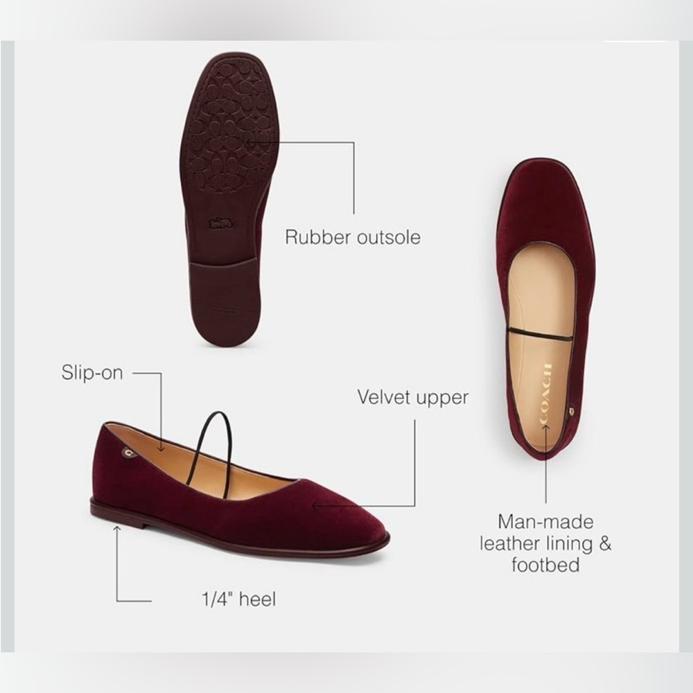 Coach Burgundy velvet Emilia Mary Jane Ballet Flats NWOB - Picture 2 of 8